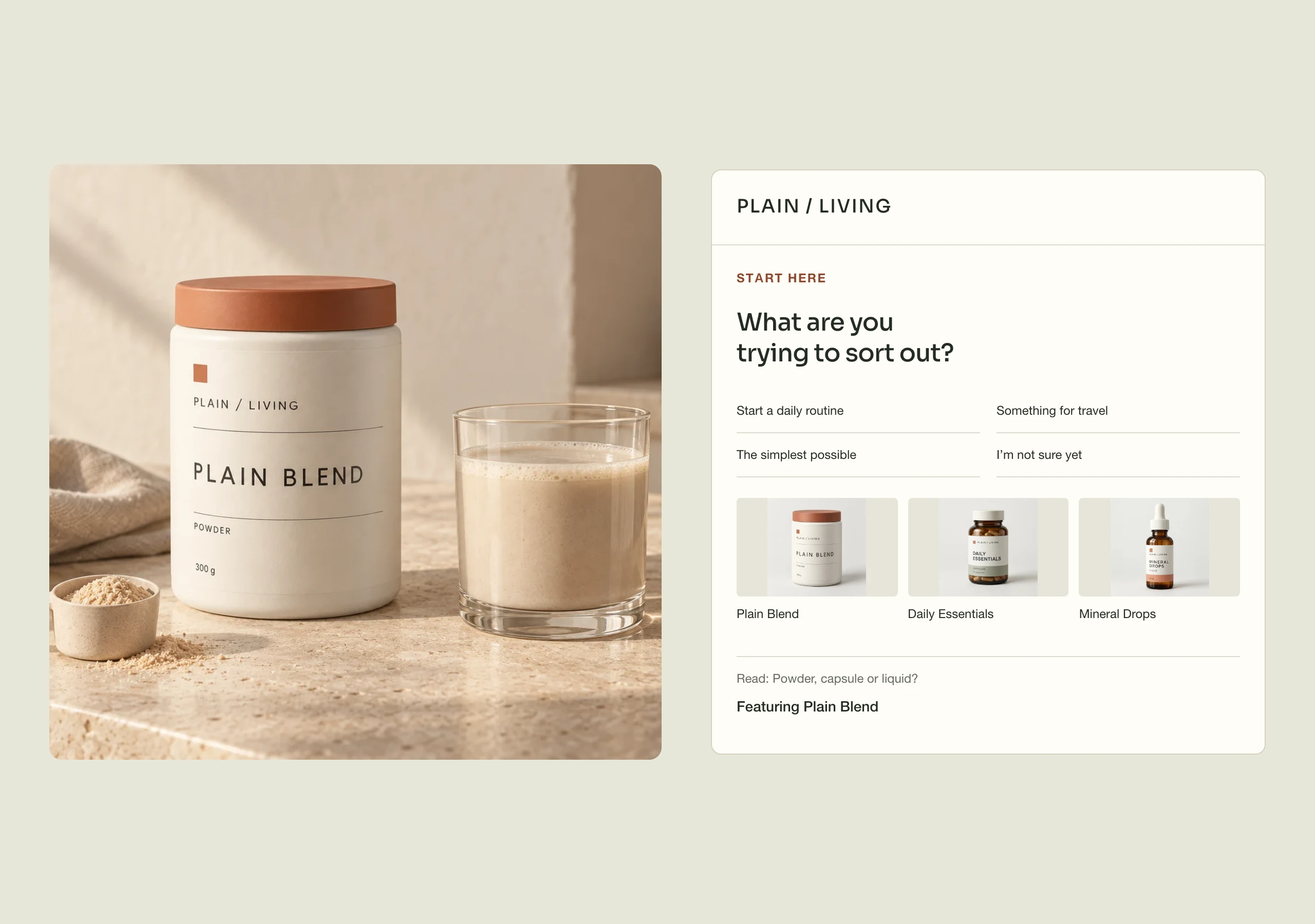 The Plain Living storefront with four shopping starting points, its three-product range and a related Plain Blend guide