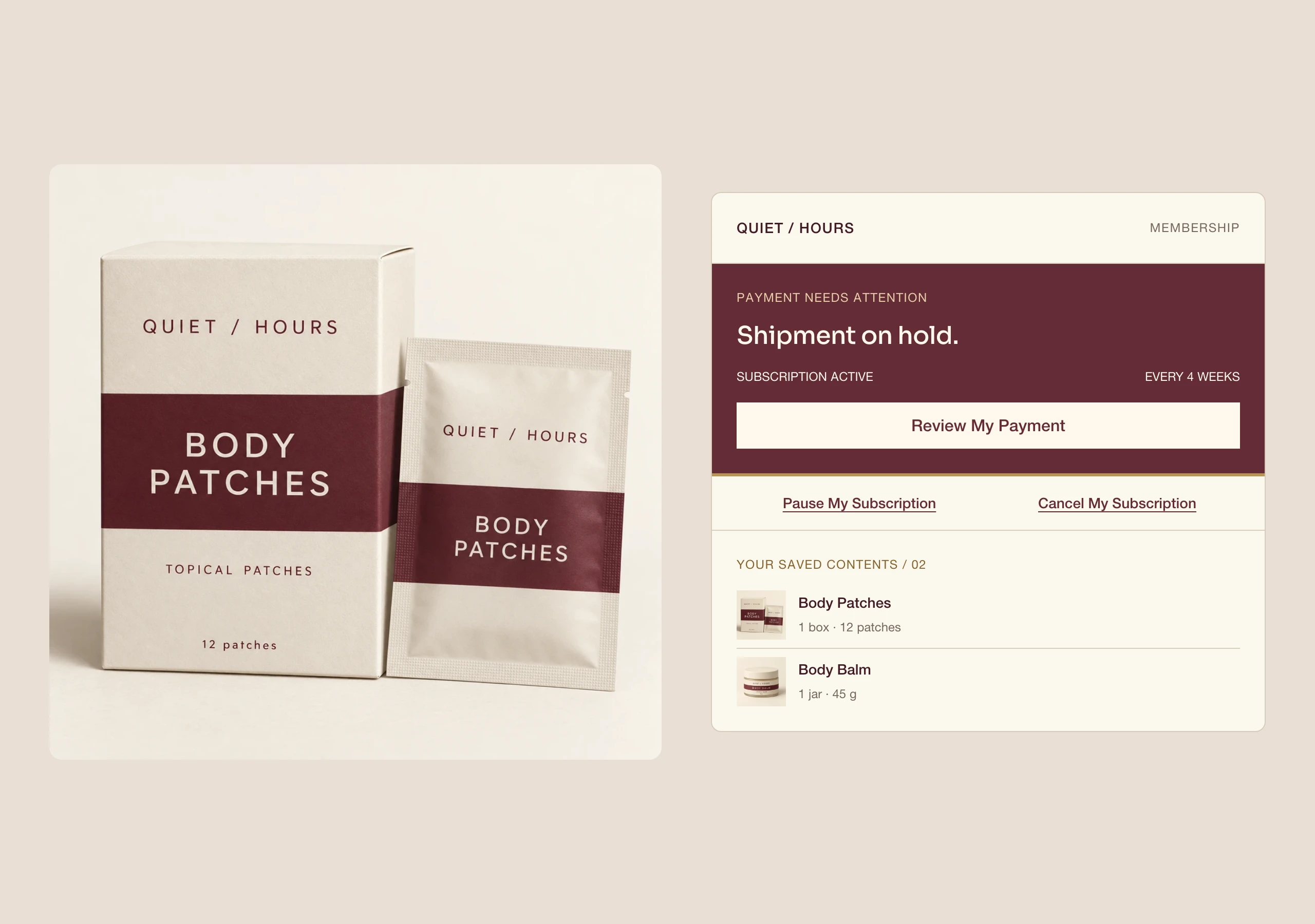 QUIET / HOURS Body Patches beside a subscription payment hold, recovery action and equally visible pause and cancel controls