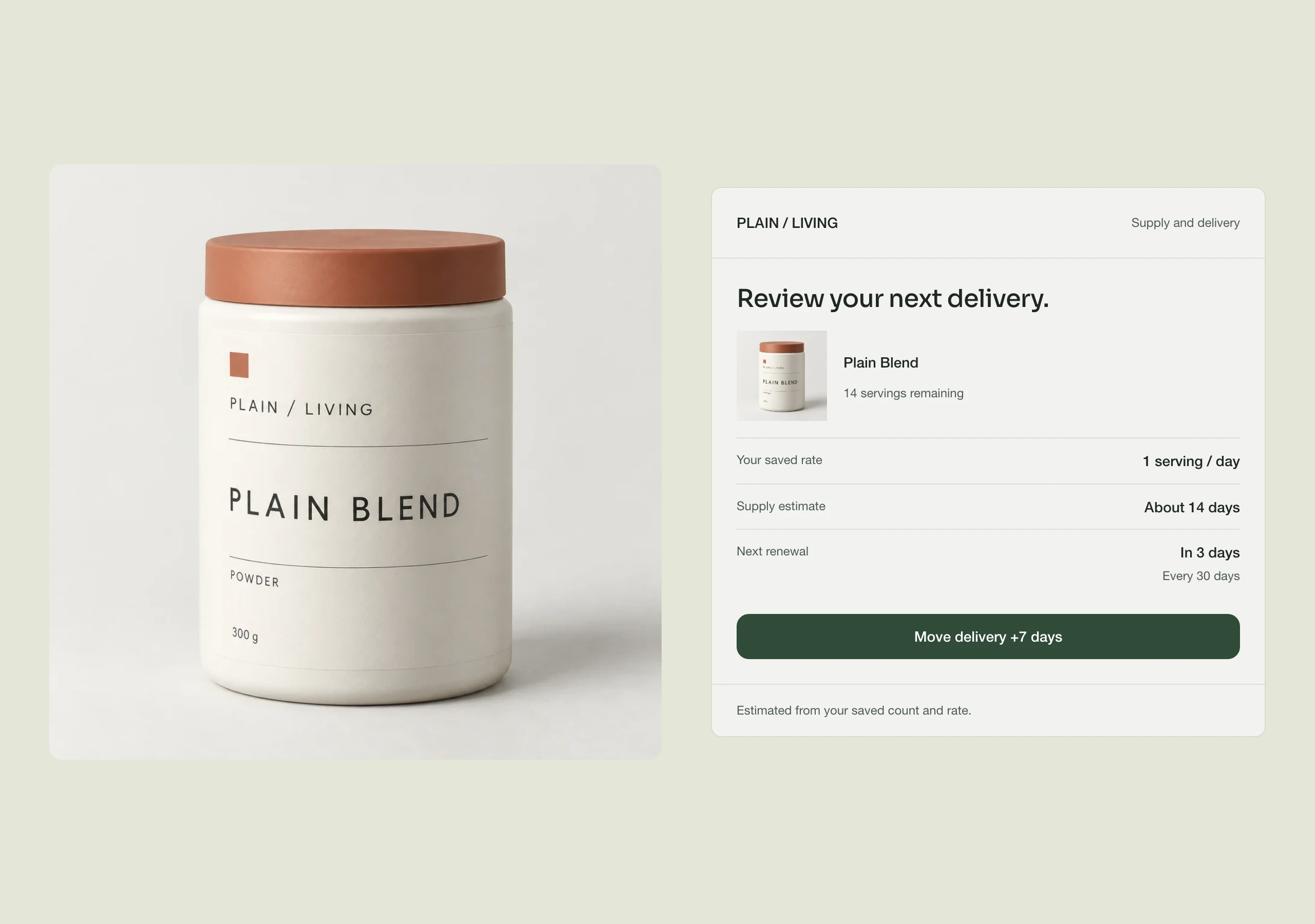 The Supply App showing fourteen servings remaining, a saved daily rate, an estimated fourteen days of supply and the next delivery review